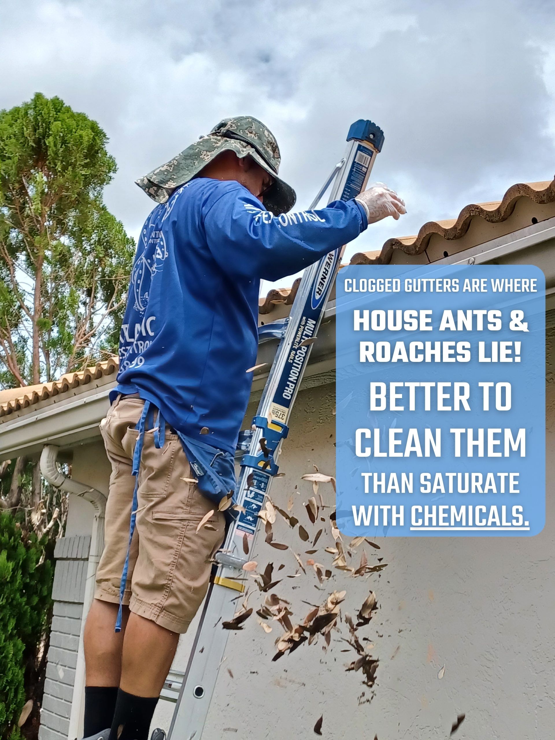 Gutters are where ants and roaches lie image (1) charlie of atlantic pest control cleaning out the gutters